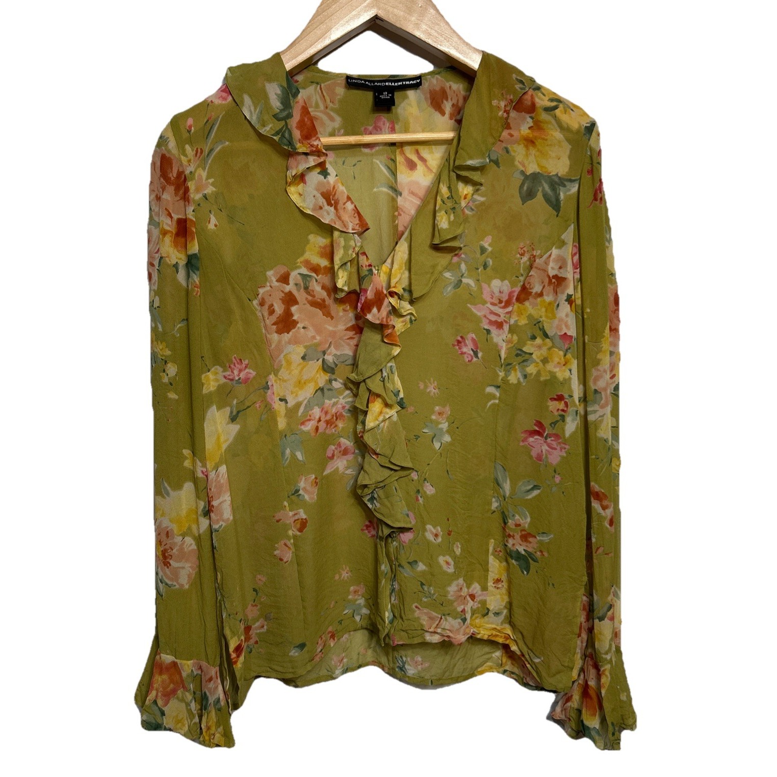 Linda Allard Ellen Tracy Silk Ruffle Sheer Floral Blouse Green Women's Sz 12 Y2k
